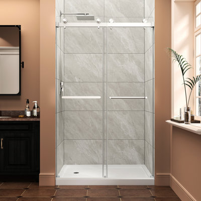 43" - 48" W X 76" H Brushed Nickel Shower Door, 8mm Tempered Glass, Rust Hardware, Side Sliders To Reduce Shaking Chamfered Corner,