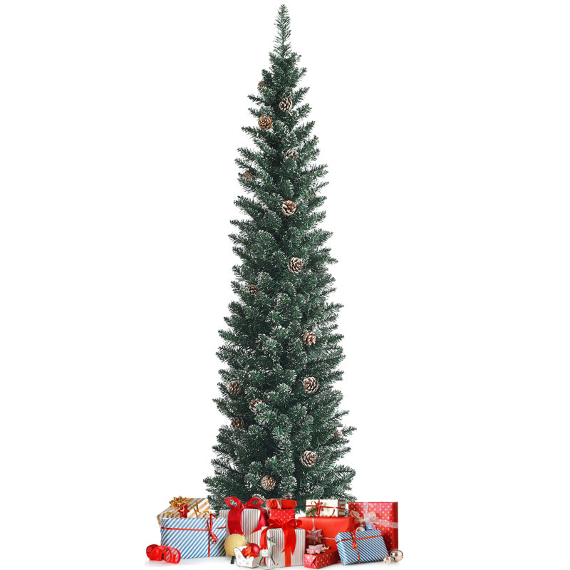 Arbre de Noël mince pin vert / blanc avec pommes de pin, 5 pi