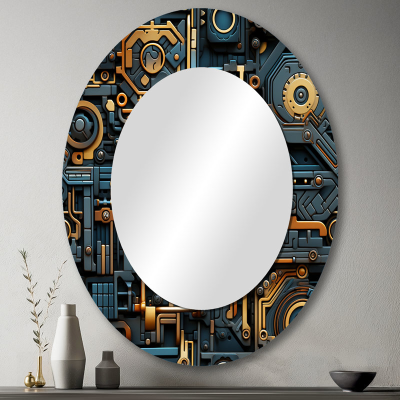 Ryin Steampunk Industrial Gold And Teal Geometric - Geometric  Large Wall Mirror, Gold Unique Mirror, Printed Metal Art, Oval