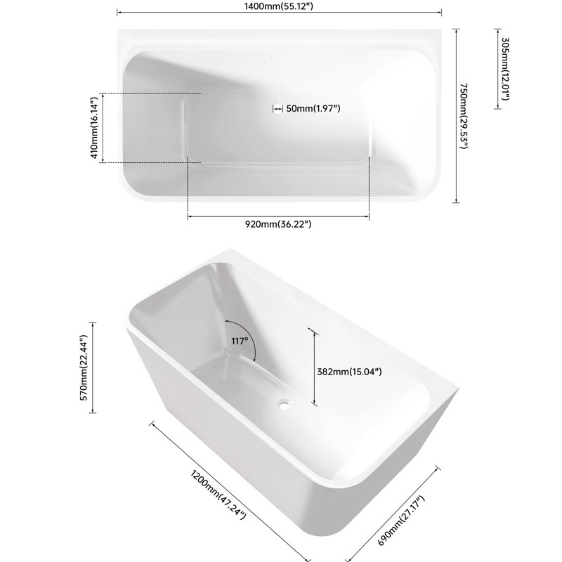 59" Rectangular Acrylic Soaking Tub, Gloss White Color, Non - Slip Design, Fiberglass Reinforcement For Long Term Durability Bathtub, Feature, Reinforced Bottom, High And Space Saving Design