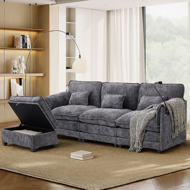 Modern Stylish L-Shaped Modular 3-Seater Storage Sofa with Phone Holder and Charging Station, Gray Chenille