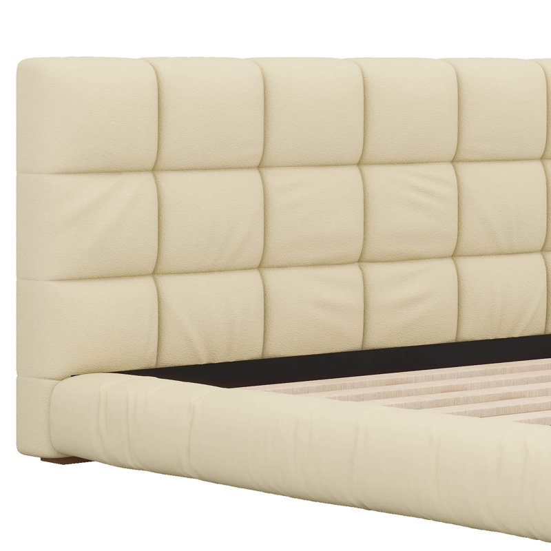 Lit plateforme tapissier en velours avec tête de lit capitonnée Channel, Queen, Beige