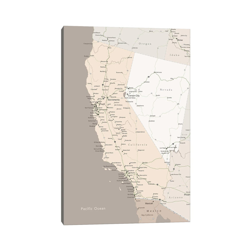 Brown Map Of California With Cities by Blursbyai - Gallery-Wrapped Canvas Giclée on Canvas, Canvas