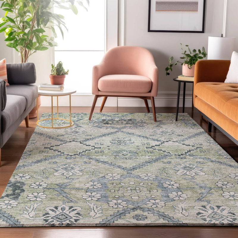 Premium Washable Green and Gray Synthetic Rectangular Rug