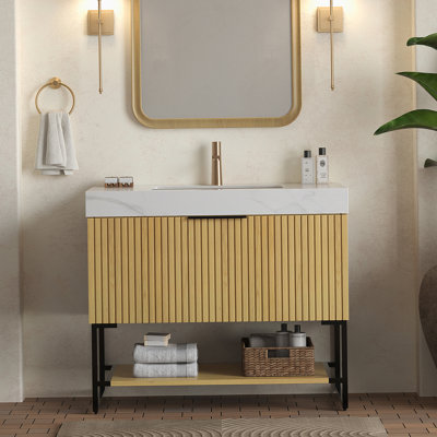 Meuble-lavabo 36 po, armoire de rangement autoportante en contreplaqué rayé avec tiroir et tablette ouverte, comptoir en pierre frittée blanc de Carrare et lavabo en céramique encastré, pré-assemblé, grain de bois de chêne Corolla