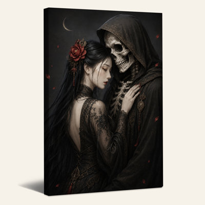 Art mural sur toile d'Halloween femme foncée avec postiche fleur rouge