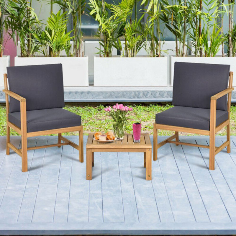Aloyzas 3 In 1 Acacia Wood Furniture Set Patio Outdoor W/ Cushion Coffee Table