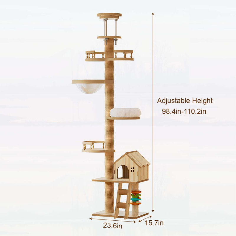 Arbre à chat du sol au plafond, tour pour chat à hauteur réglable avec poteau à griffer, grand condo en bois et hamac pour les maisons modernes