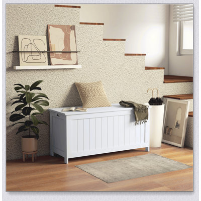 Spacious Wooden Storage Chest With Safety Hinges, Ideal For Organizing And Decluttering Your Living Space, White Finish