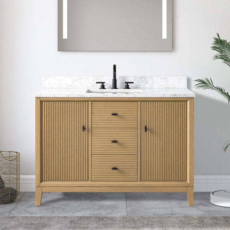 Ensemble de meuble-lavabo autoportant 48 po avec plateau en marbre Caldwell, Chêne naturel, Blanc Ariston, Noir mat