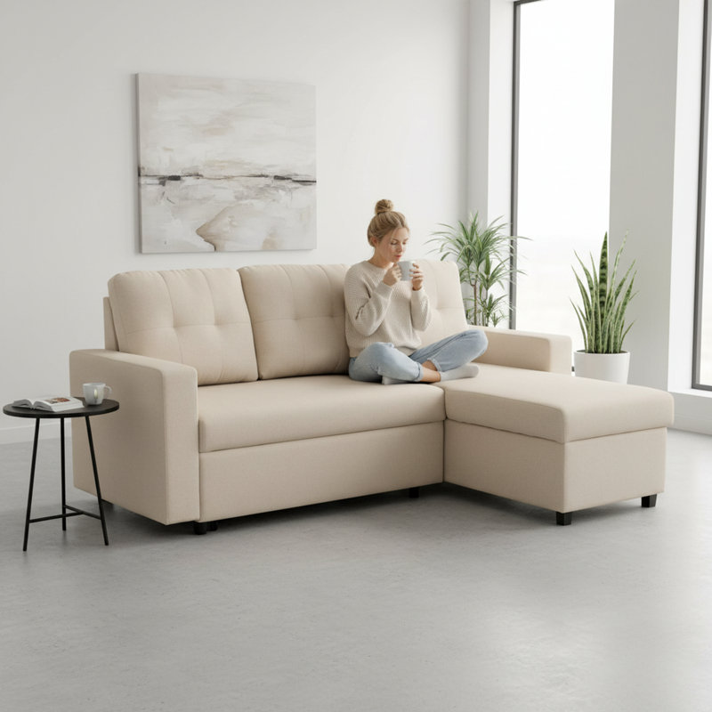 Canapé modulaire en L avec canapé-lit, Polyester beige