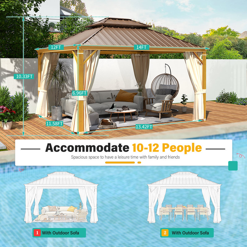 14 Ft. W X 12 Ft. D Aluminum Patio Gazebo With Easy Assembly Design, Woodgrain, 14′ W × 12′ D
