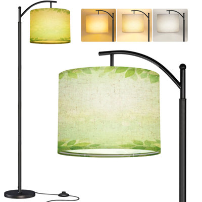  Arc Floor Lamp watercolor fresh green text space Tall Modern Standing Lamp LED Adjustable Linen Lampshade 3 Color Temperatures