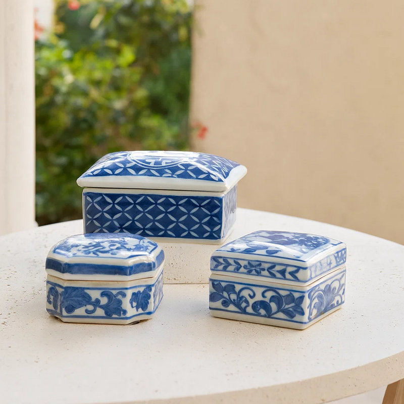  Ensemble de 3 boîtes de rangement décoratives en porcelaine, motif floral blanc et bleu
