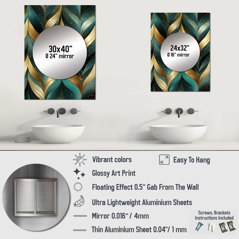 Ahyuini Gold And Green Gilded Chevron Reverie - marble  Unique Wall Mirror, Modern Mirror, Printed Metal Art, 32" x 24"