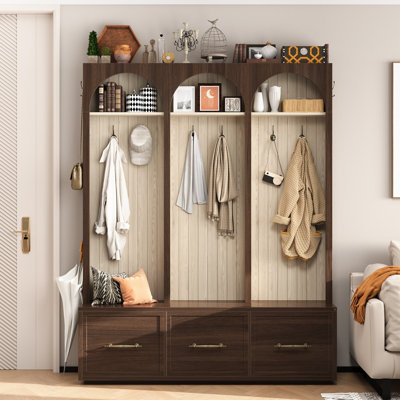 Farmhouse Hall Tree With Bench And 3 Drawers Storage