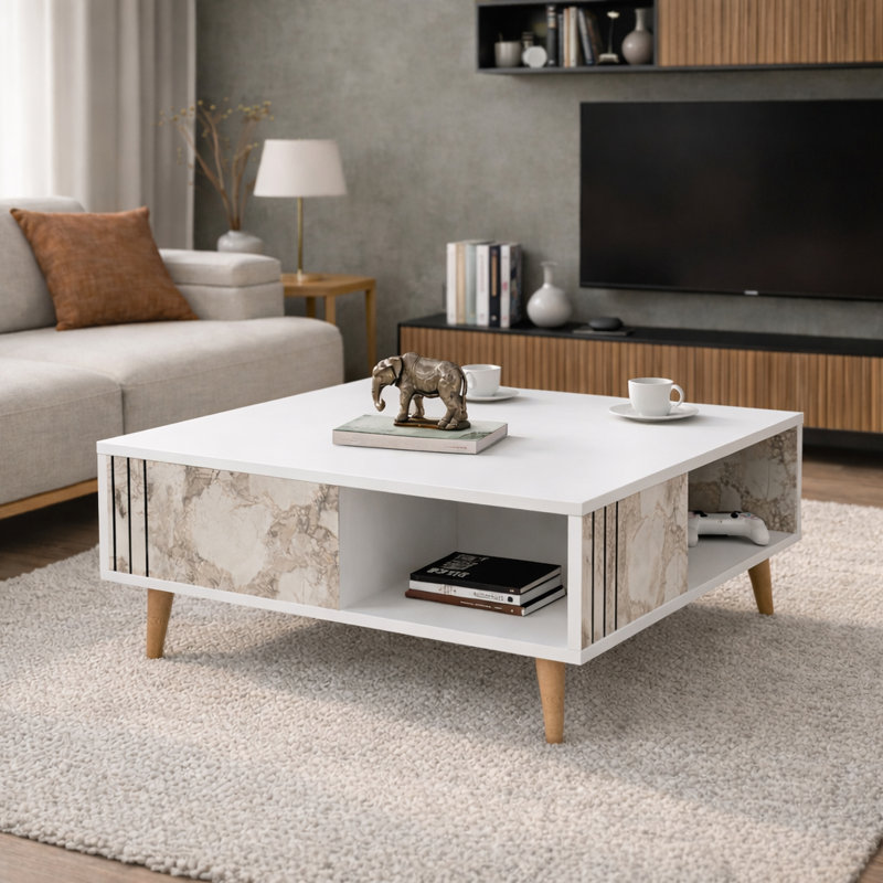 Table basse avec rangement Aidtya, Marbre blanc