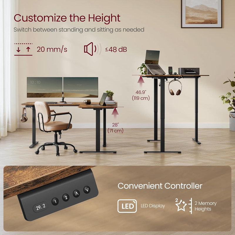 L Shaped Electric Standing Desk, 63 X 47.2 Inches, Height Adjustable Corner Desk With Power Outlets, 2 Memory Buttons, Easy To Assemble, For Home Office, Rustic Brown