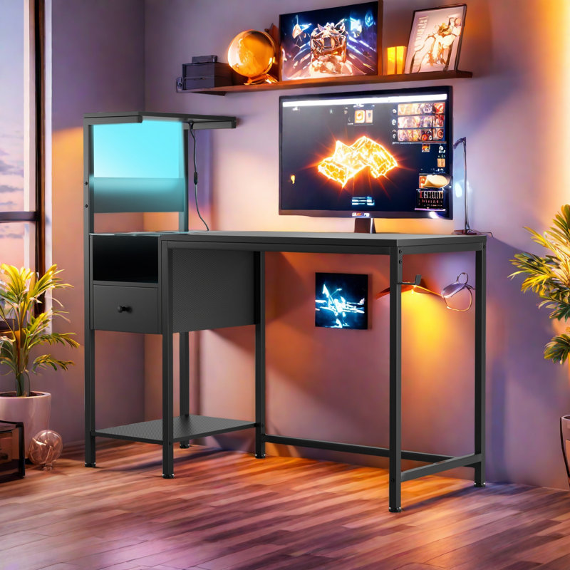 Computer Desk With Power Outlet & Storage Shelves, Study Writing Table With USB Ports Charging Station, PC Desk Workstation For Home Office
