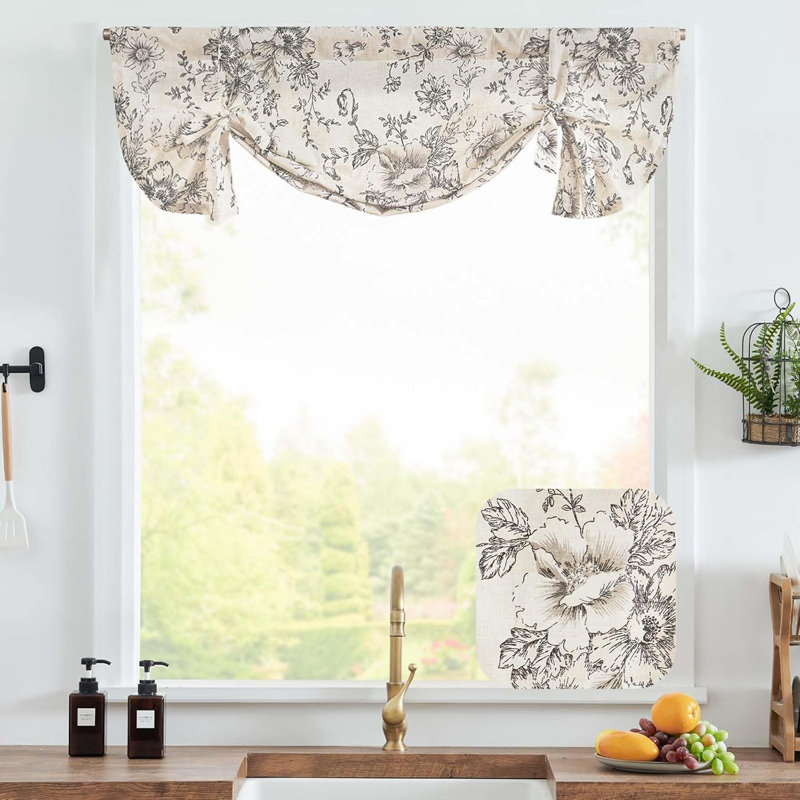 Floral Linen Tie Up Shade Valance, 42" W x 24" L, Black