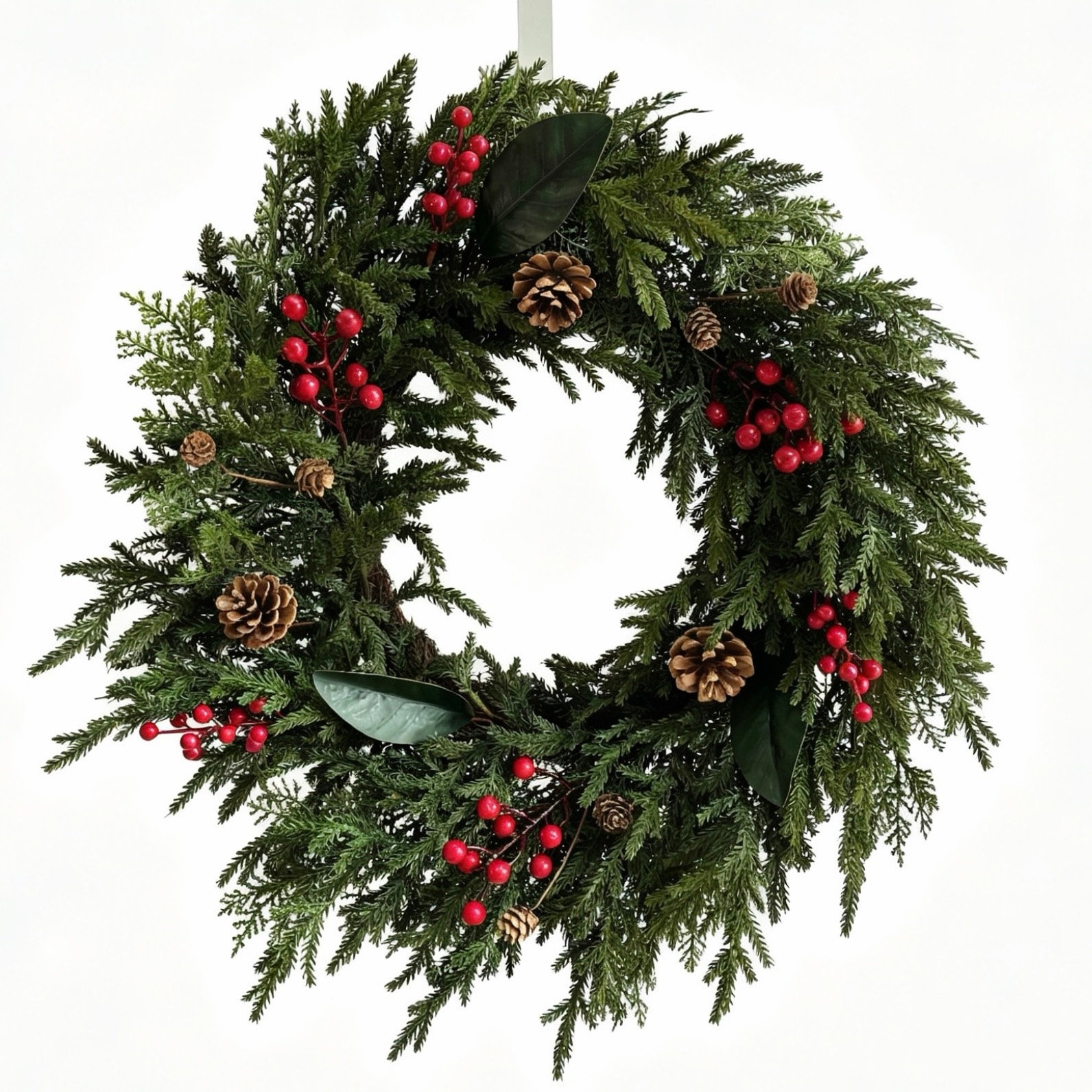 24" Real Touch Artificial Farmhouse Evergreen Pine Red Berries Cedar Winter Christmas Wreath for Front Door Holiday Decor