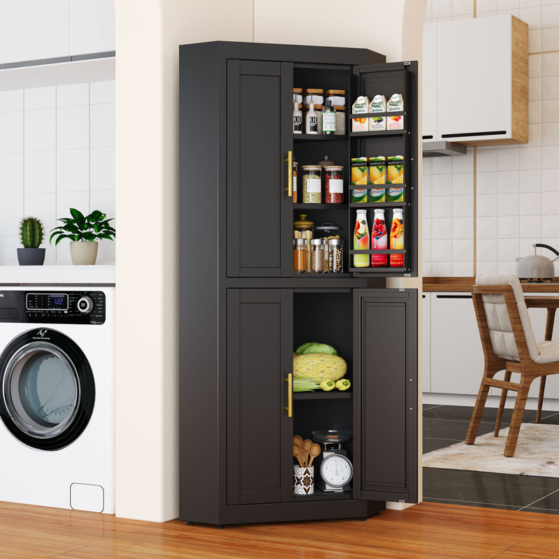 Armoire de cuisine d'angle moderne en acier avec 4 portes et 3 tablettes, Noir