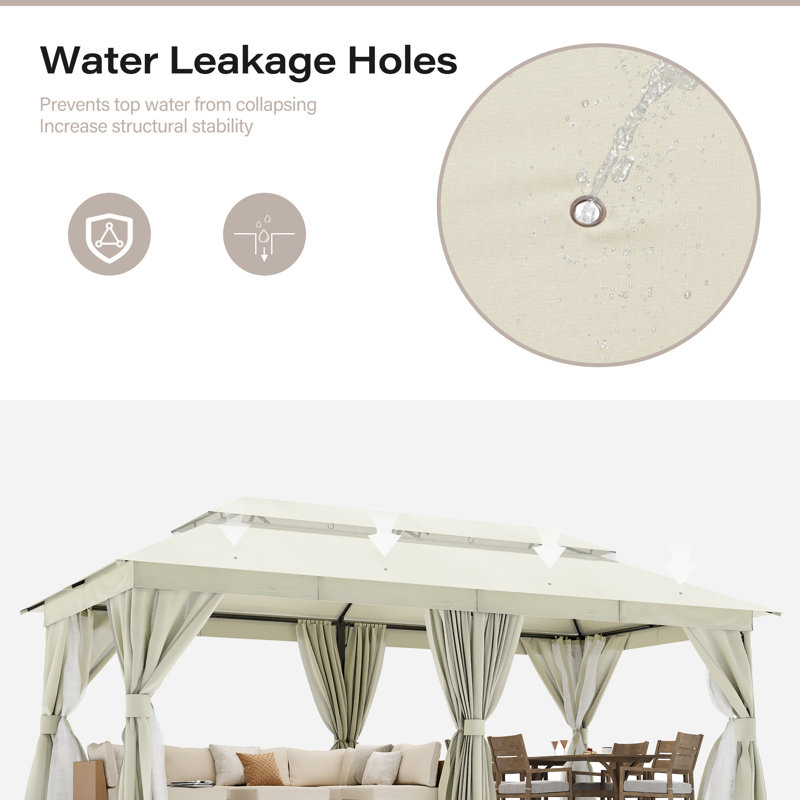 Creamy White Steel Patio Gazebo with Mosquito Netting and Curtains