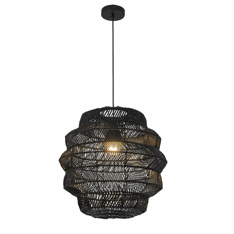 1-Light Wicker Outdoor Pendant, Coastal Boho Tiered Drum - Handwoven, Matte Black