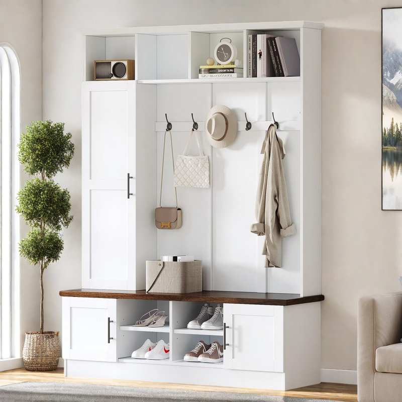73.3"H Hall Tree with Open Storage,3-in-1 Hall Tree with Bench, White