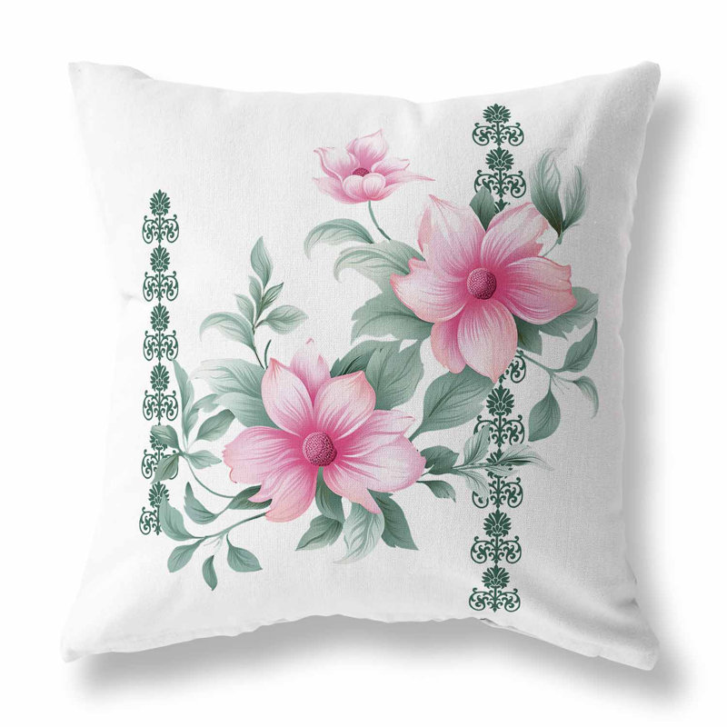 Coussin décoratif réversible intérieur / extérieur Petal Perfection, H 26 po x l 26 po, Blanc / vert / rose floral