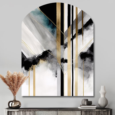 Abstrait géométrique géométrique noir et or I - décoration murale géométrique abstraite en forme d'arche, sculpture murale asymétrique en métal