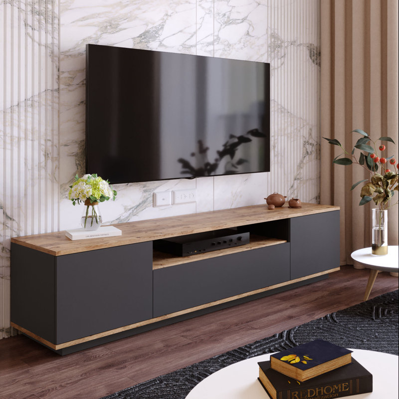 Meuble télé moderne avec portes à pousser, pin atlantique et anthracite, 70,9 po x 17,6 po x 17,5 po | 100% panneau de particules enduit de mélamine, épaisseur: 0,7 pouce | Conception élégante et fonctionnelle pour le salon et les espaces de divertissement, assemblage facile