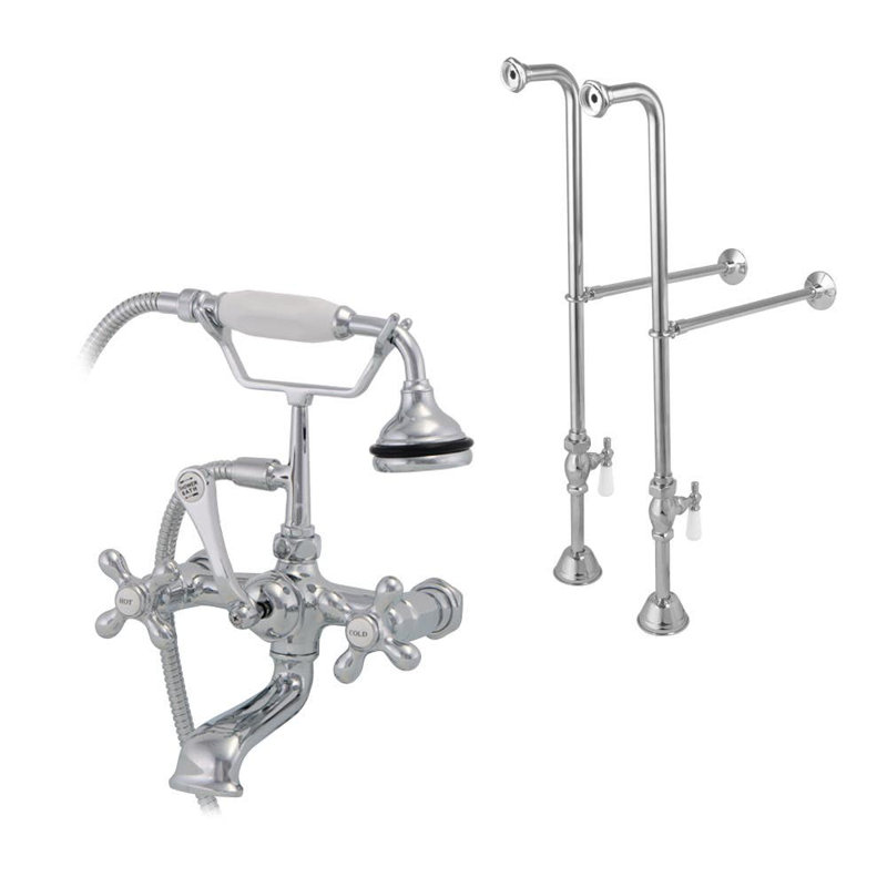 Robinet de baignoire sur pieds à trois poignées avec douchette sur pied, Chrome