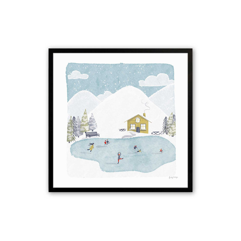 Impression d'aventure de patinage d'hiver, H 13,5 po x l 13,5 po, Cadre simple noir satiné, bois massif