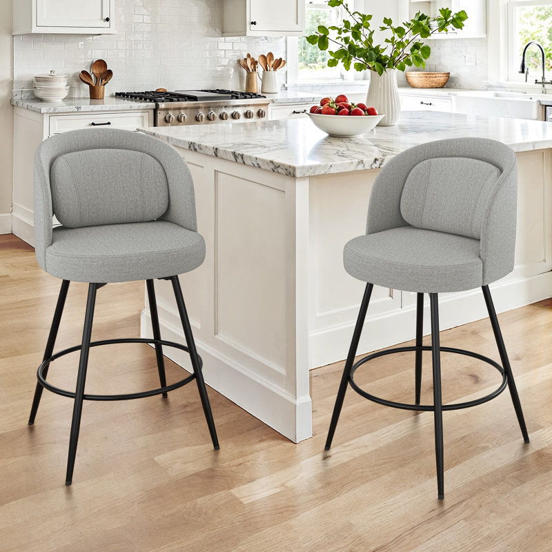 Tabouret de bar pivotant de 26 po de hauteur avec structure et coussin en métal, Gris-lin, 2