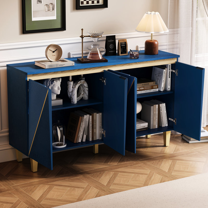 Buffet rétro à 4 portes avec dimensions de 60 po, tablettes réglables, charnières à fermeture en douceur, placage de bois vieilli pour le buffet d'entrée 4 portes rétro, pliage dimensionnel, tablettes, pieds solides et trous pour câbles