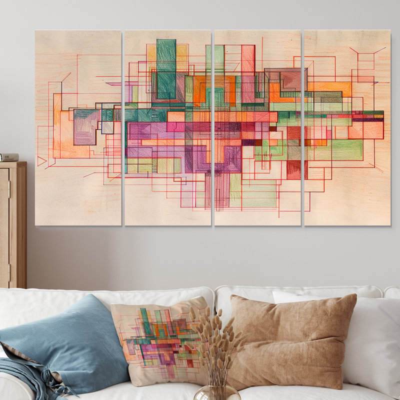 Ensemble de 4 décorations murales rétro géométriques «Stillness I», H 32 po x l 64 po