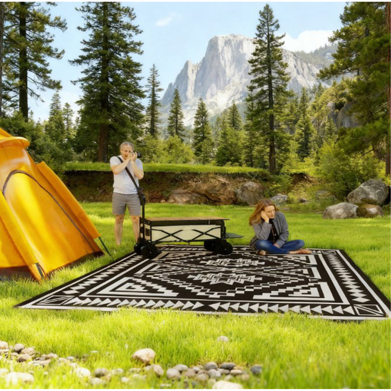 Tapis d'extérieur, tapis d'extérieur réversible, paille en plastique imperméable avec sac de transport, Noir / blanc