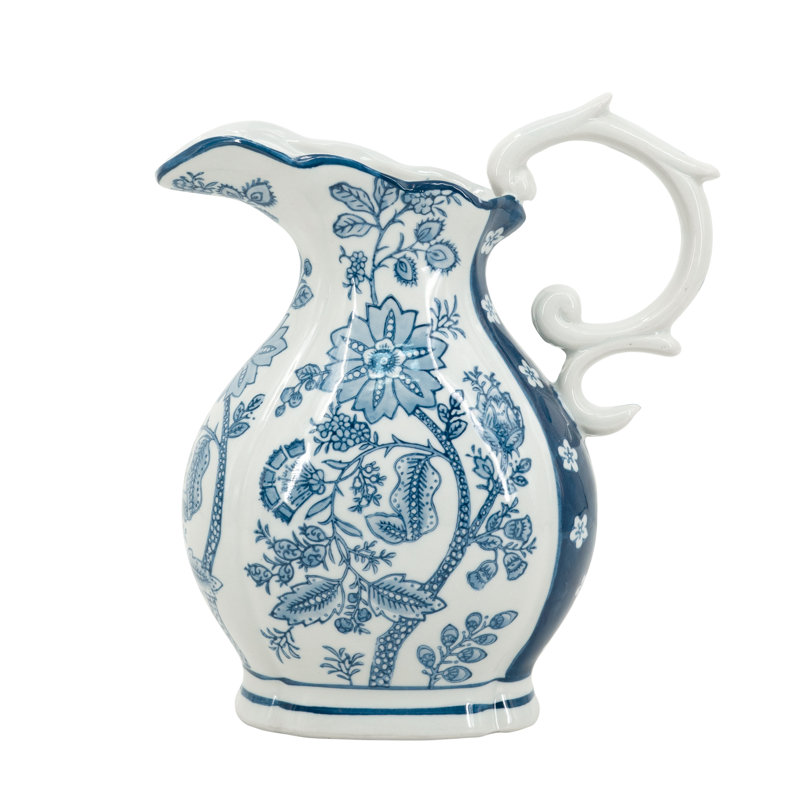 Decorative Porcelain Pitcher with Floral Patterns - 9" x 5" x 10" - Blue /White