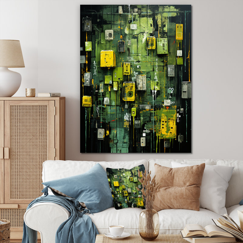 «Green Maya Shapes Mask III» - Décoration murale abstraite, Toile tendue, H 20 po x l 12 po x P 1 po