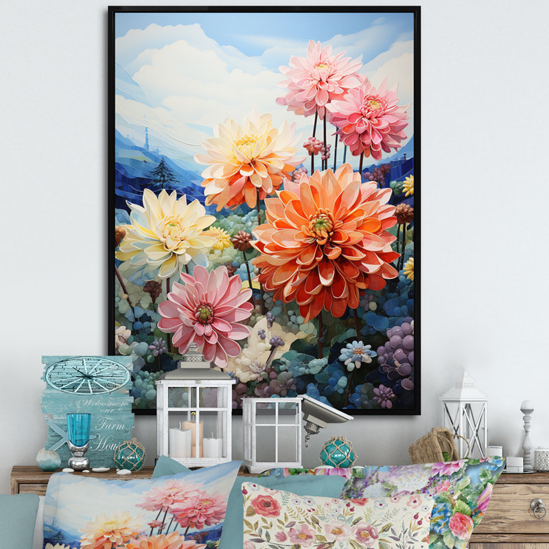 Zabdi Dahlia Field Pointillism Dot - imprimé, H 32 po x l 16 po x P 1 po, Cadre flottant noir