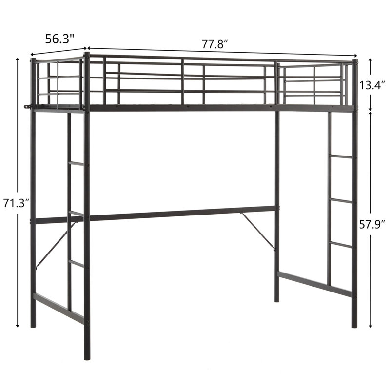 Black Full Loft Bed With Stairs Metal Single Loft Bunk Bed With Safety Guard Rails And 2 Side Ladder, Black