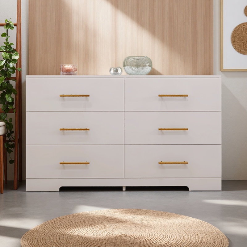 Grande commode 6 tiroirs avec poignée dorée, Blanc