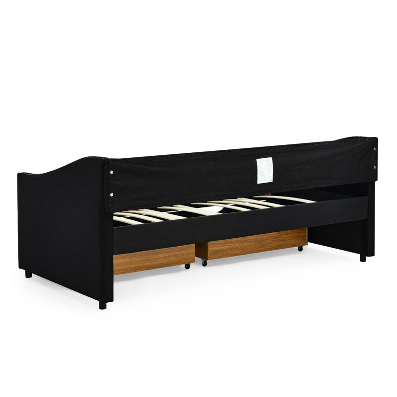 Twin Size Upholstered Daybed with Storage Drawers, Black Fabric Sofa Bed, Button-Tufted Back & Copper Nail Waved Arms, Twin