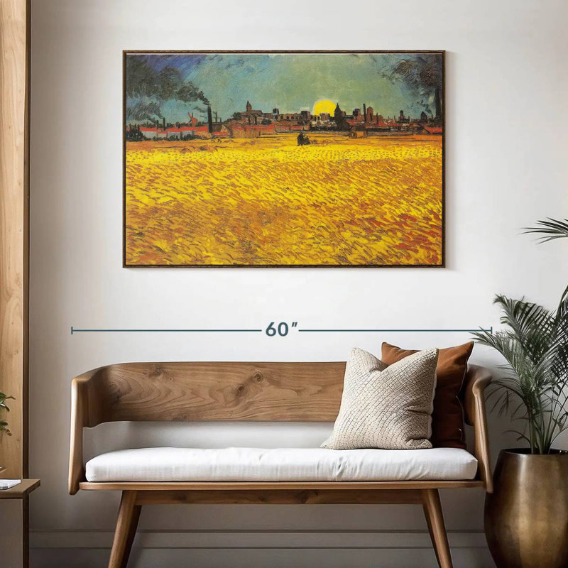 Champ de blé au coucher du soleil, 46 po x 31 po, Cadre flottant en noyer