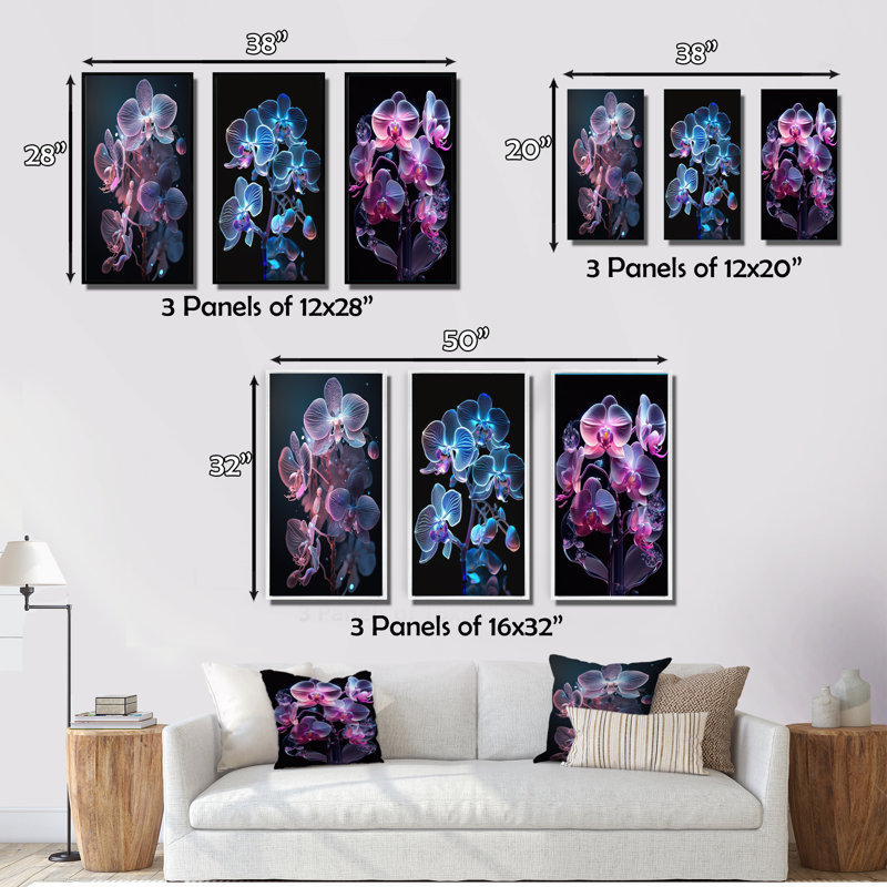 «Blooming Orchid In Fluorescent Mauve and Blue», 3 pièces sur toile, Or, H 28 po x l 36 po