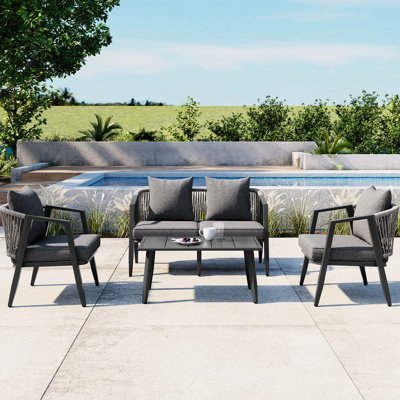 Ensemble de sièges d'extérieur en fer - 2 lits simples, 1 chaise double et table idéale pour les rassemblements avec coussins pour 4 personnes, patio, bord de piscine, pelouse