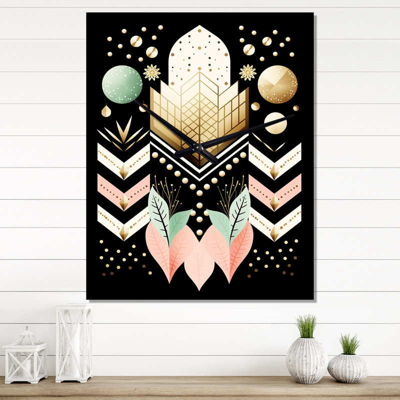 Boho Chic - Illustration géométrique abstraite - horloge murale moderne surdimensionnée, H 40 po x l 30 po x P 1 po