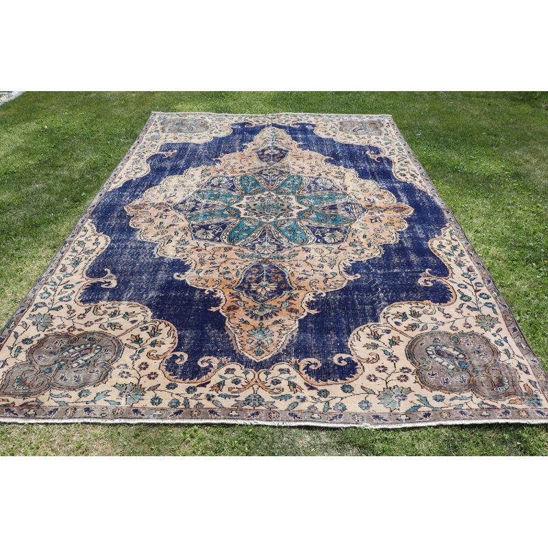 Tapis rétro bleu marine surdimensionné rétro avec motif de médaillon pour la maison et le salon