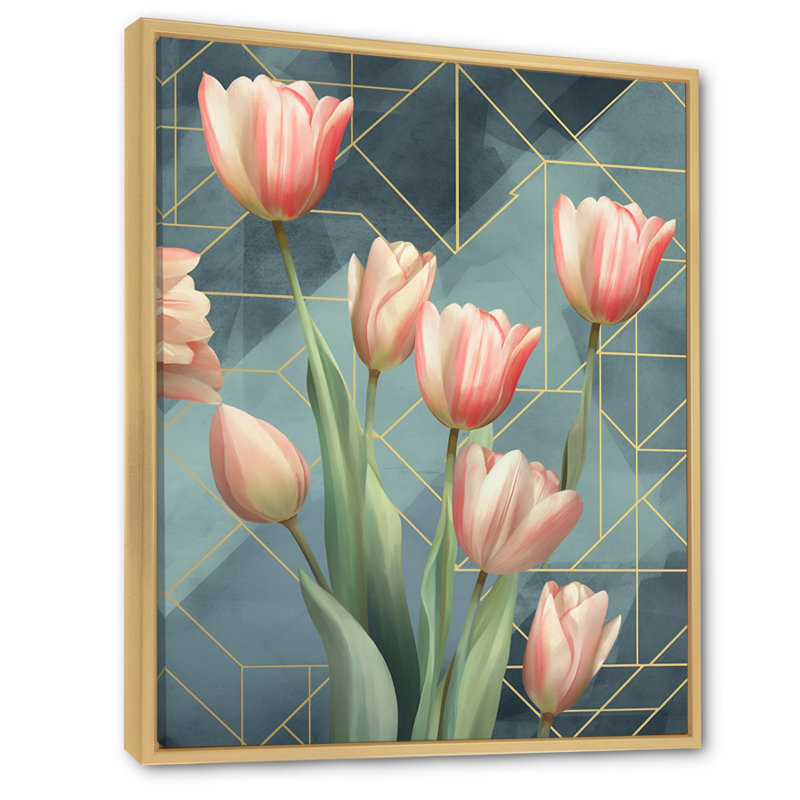 Tulipe géométrique - impressions murales florales, Cadre naturel flottant, H 32 po x l 16 po x P 1 po